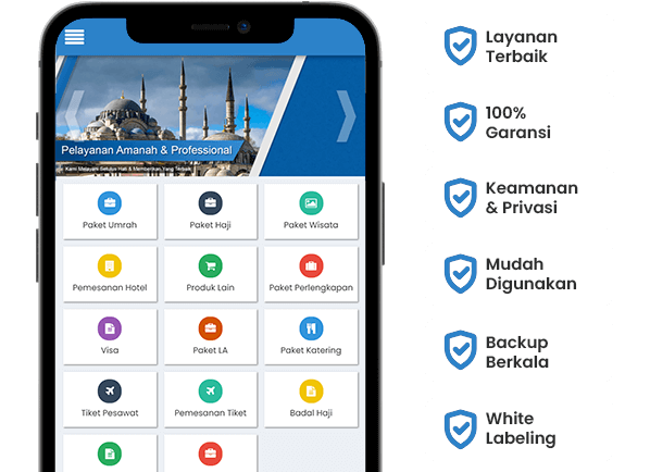 Ringkasan layanan Erahajj: garansi, keamanan dan privasi, backup berkala, white labeling
